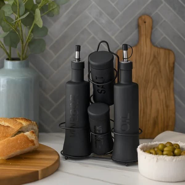 Galheteiro De Vidro Preto Porta Suporte Azeite Vinagre Azeiteiro Com Dosador Presente Cha De Cozinha (ENVIO IMEDIATO)