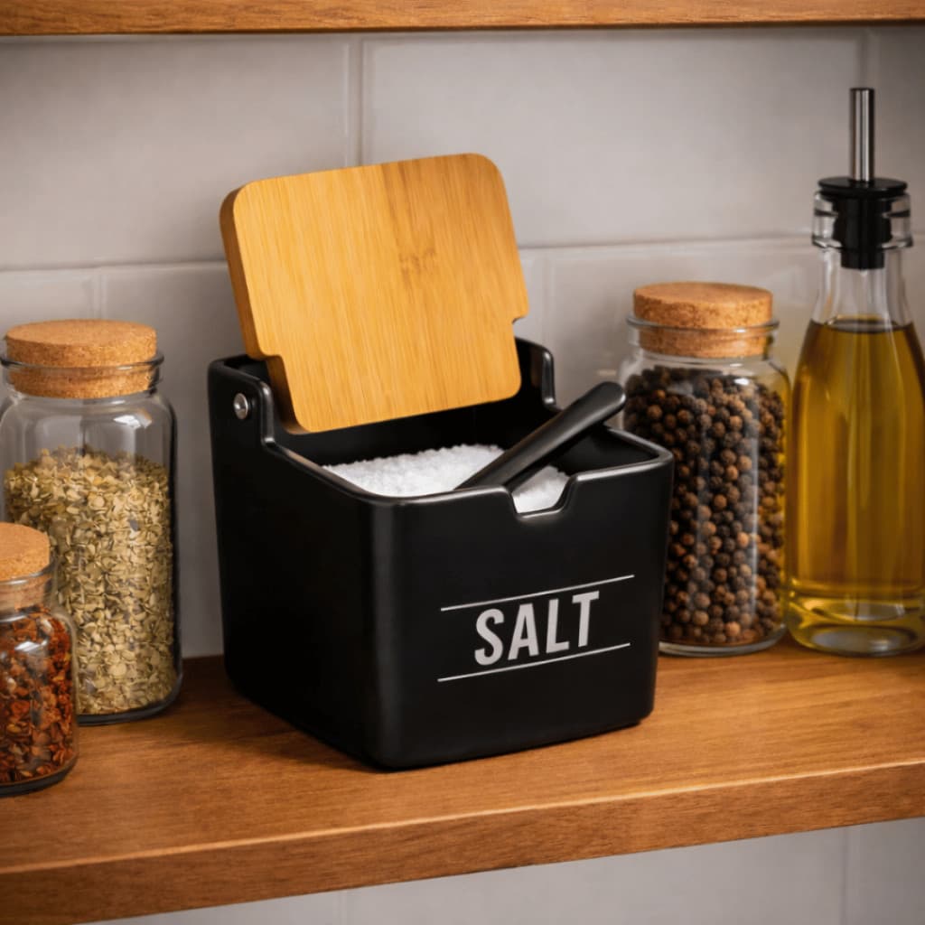 Saleiro Porcelana Preto 270ml com Tampa de Bambu e Colher | Hauskraft