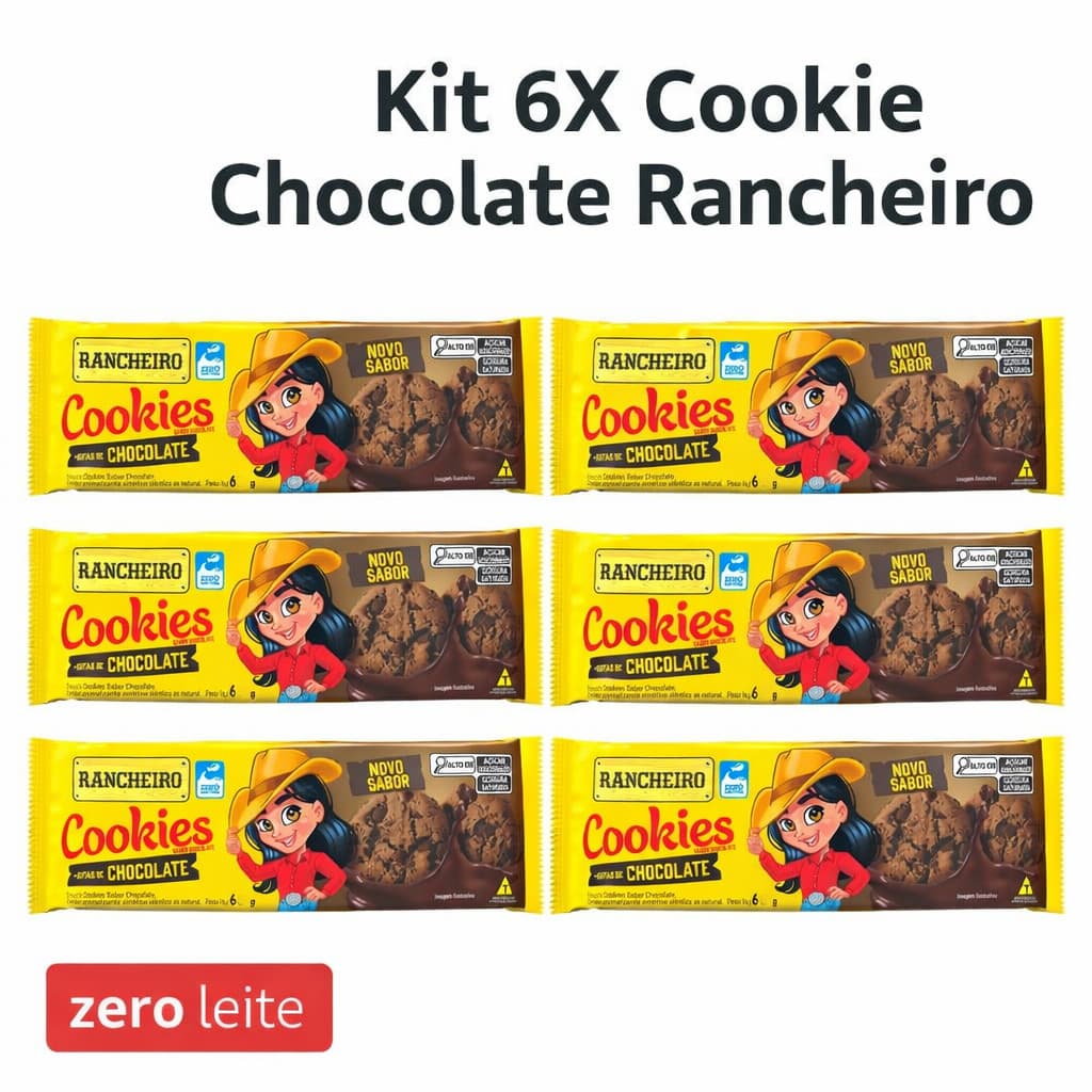 Kit 6X Cookies de Chocolate com Gotas de Chocolate Rancheiro 60g Zero Lactose | Zero Leite | Vegano