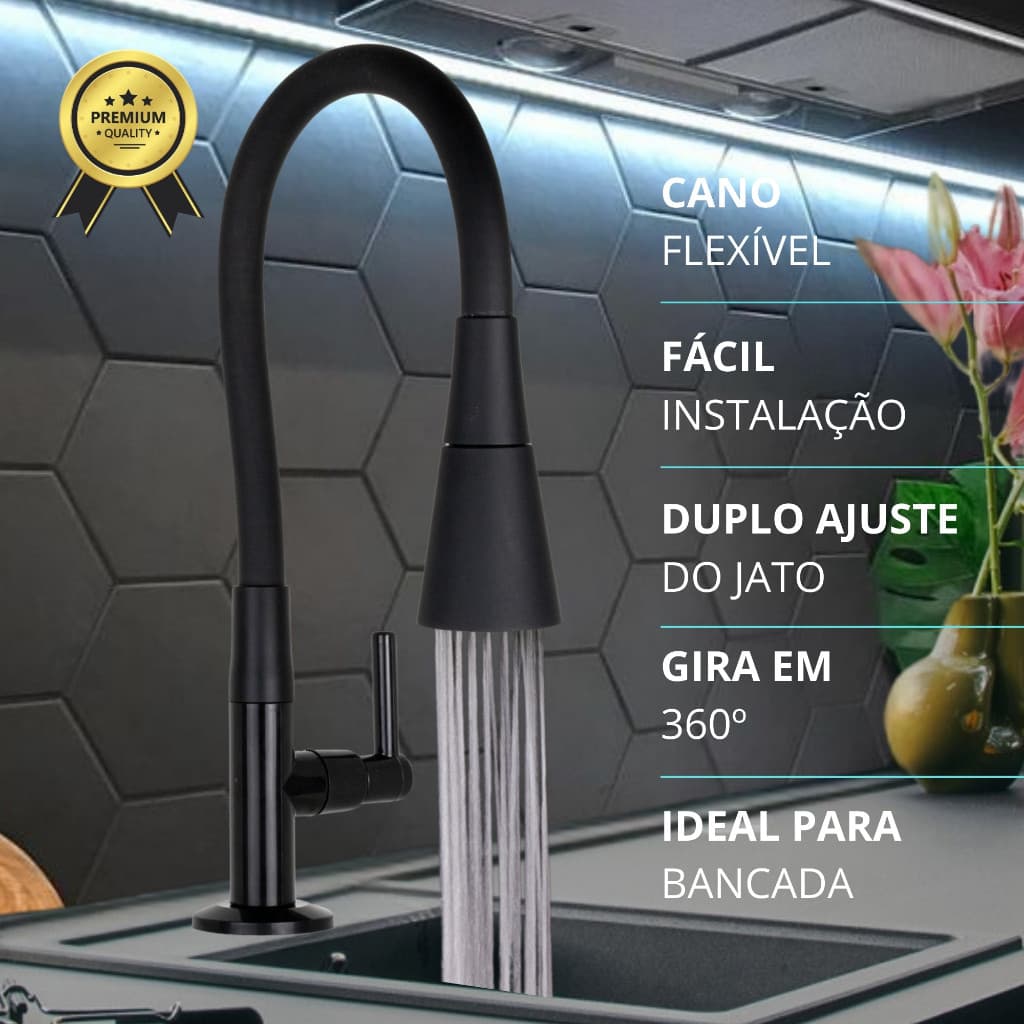 Torneira de Parede para Cozinha Preta Flexível Duplo Jato Cone 1/4 de Volta — Alta Pressão e Fácil Limpeza