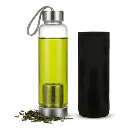 Garrafa Squeeze Vidro Infusor Capa Neoprene Preta 550ml Chá  Prateado