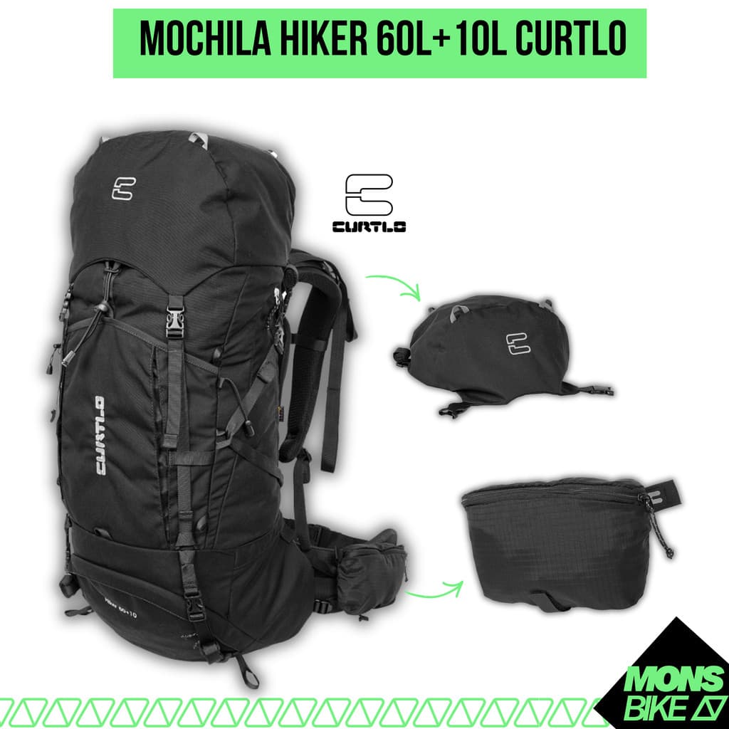 Mochila Curtlo Hiker 60+10 Preto Cargueira Trilha Impermeável Trekking Camping