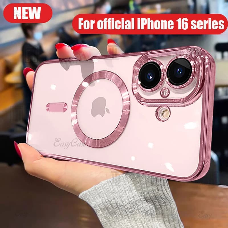 Luxo Chapeamento Silicone TPU Caso Claro Para iPhone 16 15 14 13 12 11 Pro Max Plus Magsafe Lente Magnética Película Pro