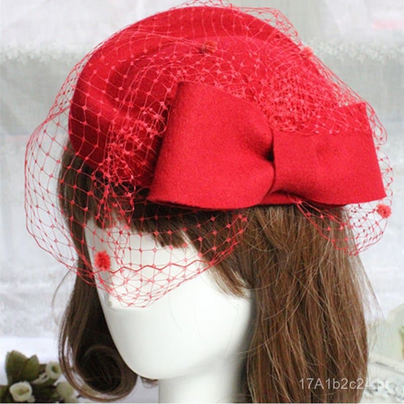 Boina Retro Britânica Huaqiao, Estilo Coreano, Chapéu Pequeno de Lã Pura para Mulheres, Acessório de Cabeça Vermelho par