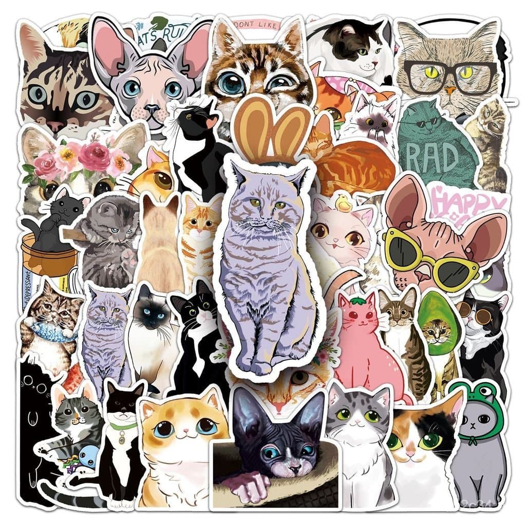 50 adesivos personalizados de gatos fofos em estilo cartoon para decorar laptops, carros, geladeiras e malas.