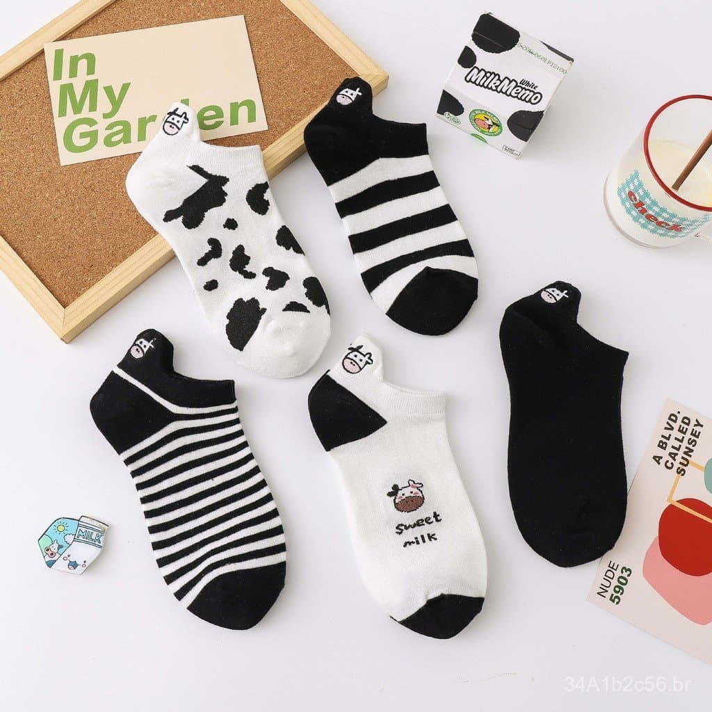 Meias femininas de primavera e verão com design bordado de vaca em preto e branco, meias de algodão femininas estilo uni