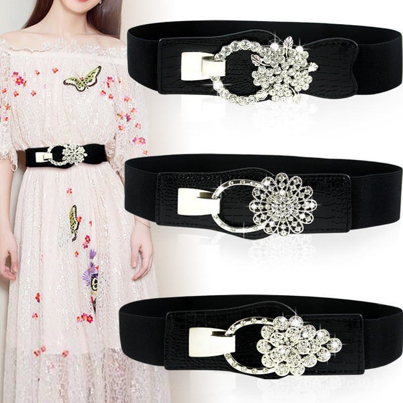 Novo modelo de cinto feminino elástico de estilo coreano, com detalhes de diamantes, versátil e decorativo, em pele, com