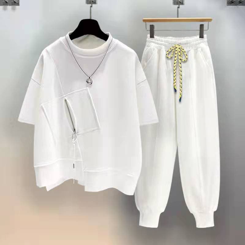 Street Wear terno de manga curta masculino verão ins na moda All-Match zíper Design estudante solto camiseta combinando