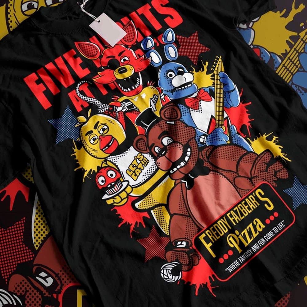 [Camiseta Vintage Masculina Algodão]HYP Camiseta Basica Algodao Five Nights At Freddy Fazbears Pizza Fantasy Cartoon Uni