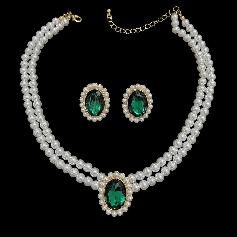 Colar De Pérolas Jóias De Casamento Acrílico Esmeralda Brincos Conjunto De 2 Peças Banquete Vestido