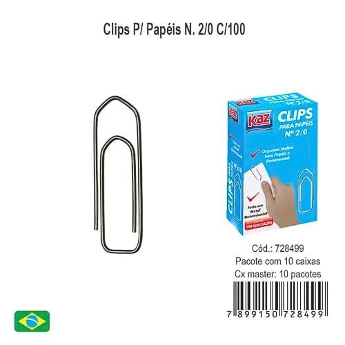 📎 CLIPS PARA PAPÉIS Nº 2/0 KAZ – CAIXA COM 100 UNIDADES ✨