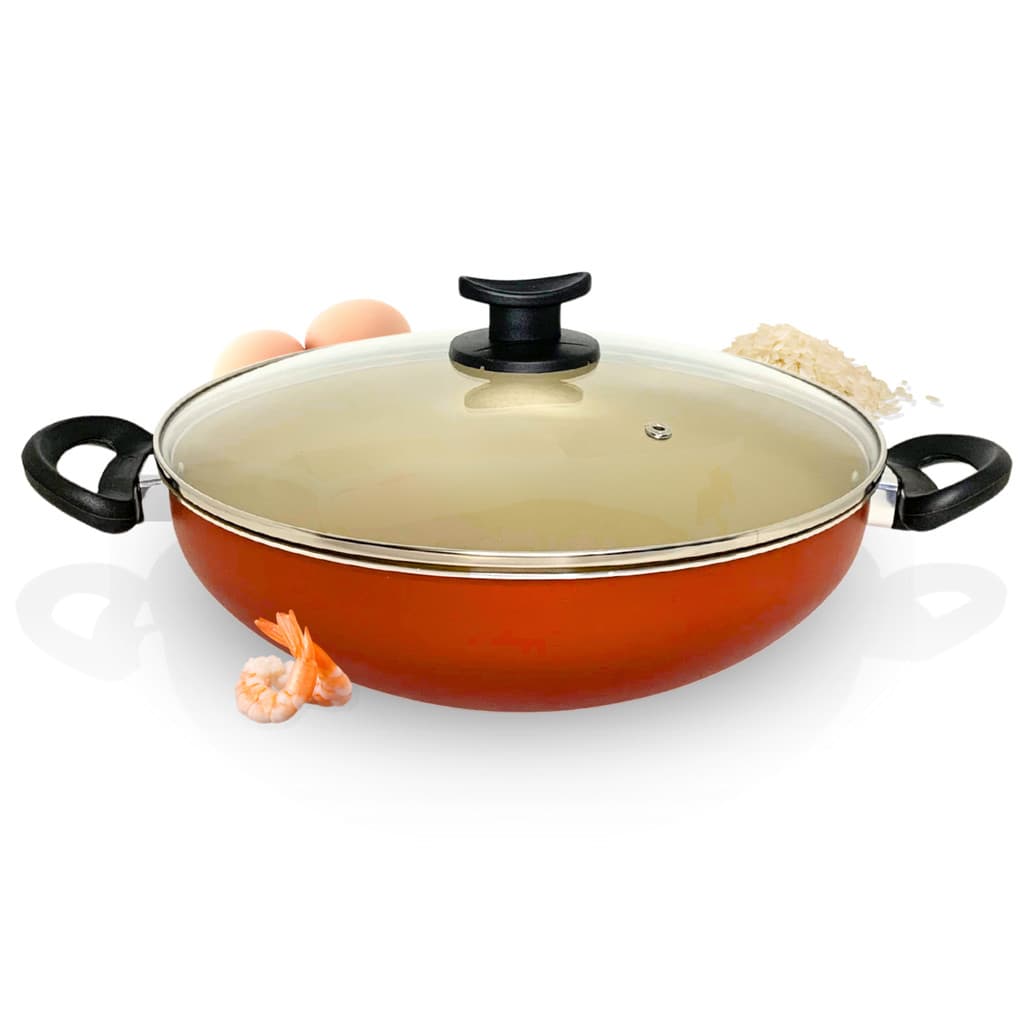 Paellera Frigideira Wok Antiaderente Premium Tampa de Vidro