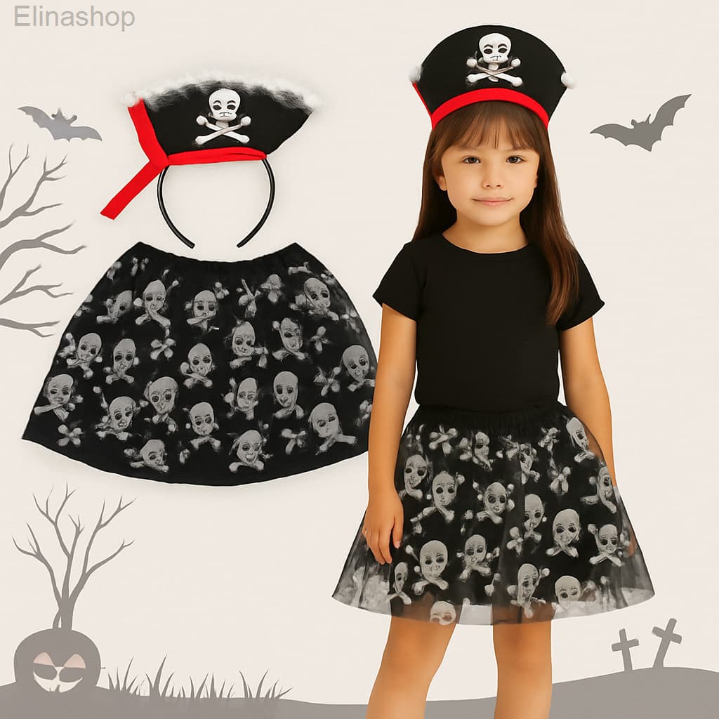 (V)Fantasia Halloween Infantil Pirata com Estampa de Caveiras 🏴‍☠️J2NA