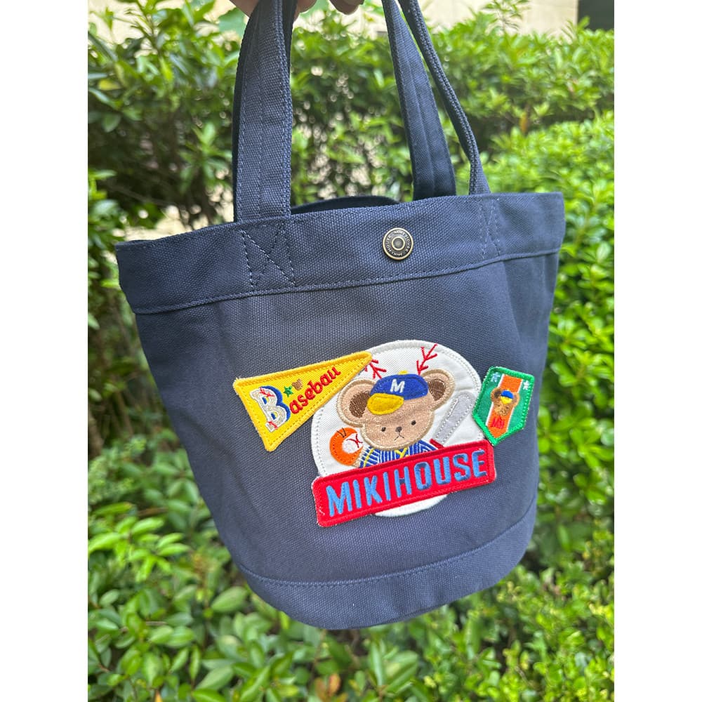 Japonês miki mamãe saco bonito urso de beisebol emblema bordado balde saco portátil lona grande capacidade andando saco