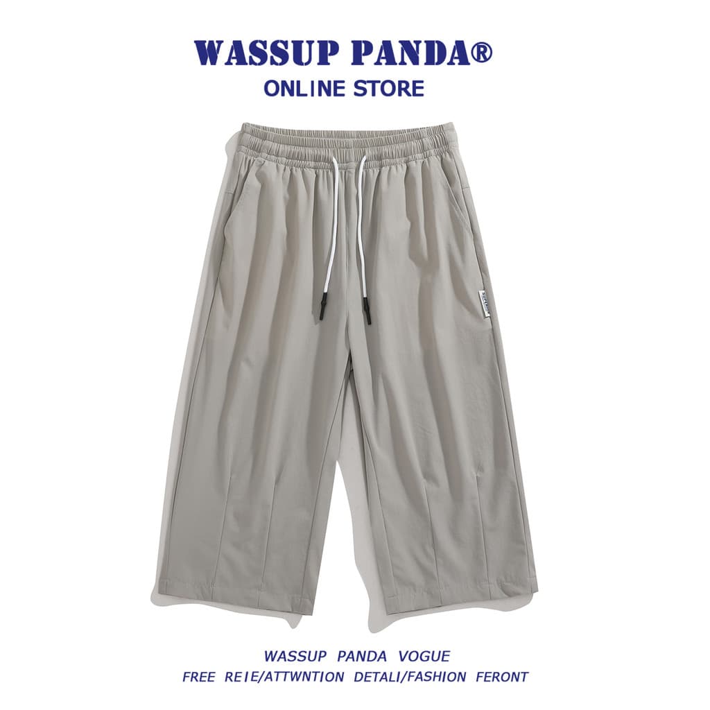 WASSUP PANDA Calças cortadas de seda gelada de secagem rápida masculinas 2026 verão Street Wear finas casuais calças méd