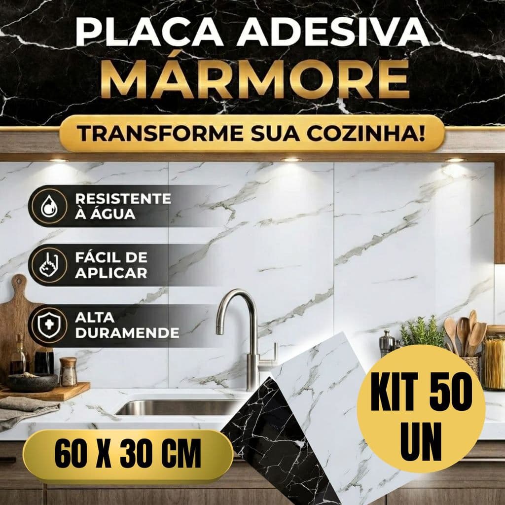 Kit 50 Placas Adesiva Mármore 60x30cm Vinil Autoadesivo