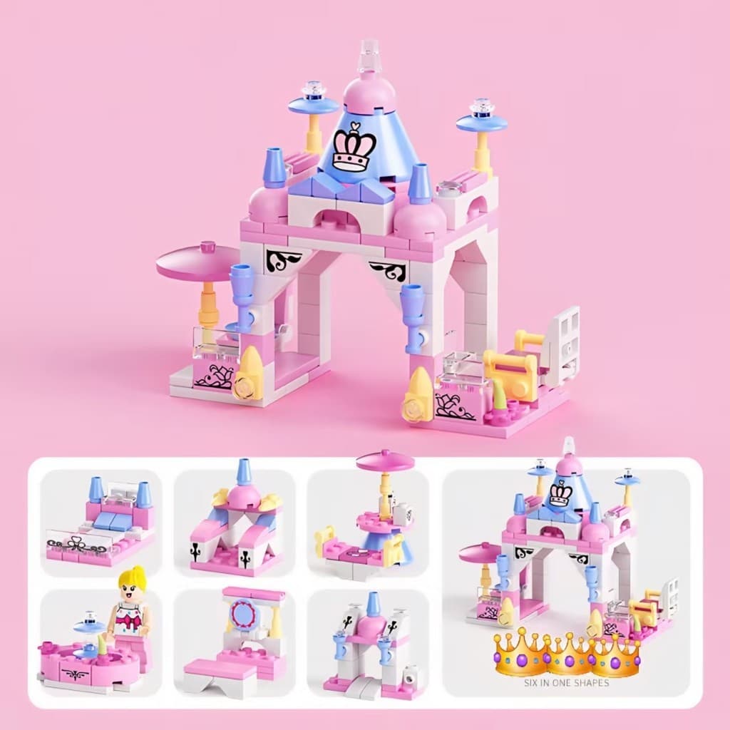 Kit 6 em 1 Blocos de Montar Infantil – Mini Castelo Encantado de Princesa, 131 Peças Criativas!