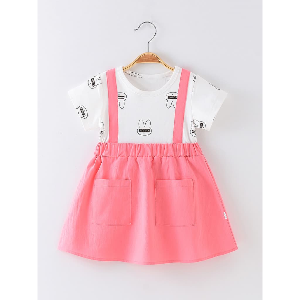 Meninas vestido de algodão puro verão novo estilo bebê menina manga curta cinta falso de duas peças médio pequeno crianç