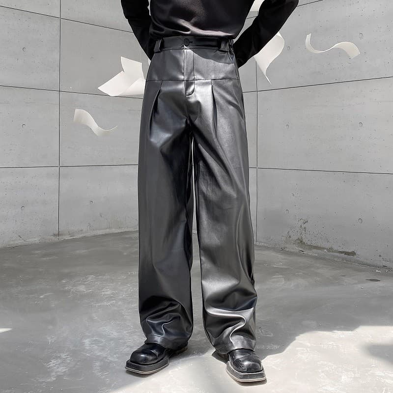 Primavera outono único metálico calças de couro reto masculino na moda rufião bonito calças funcionais High-End calças d