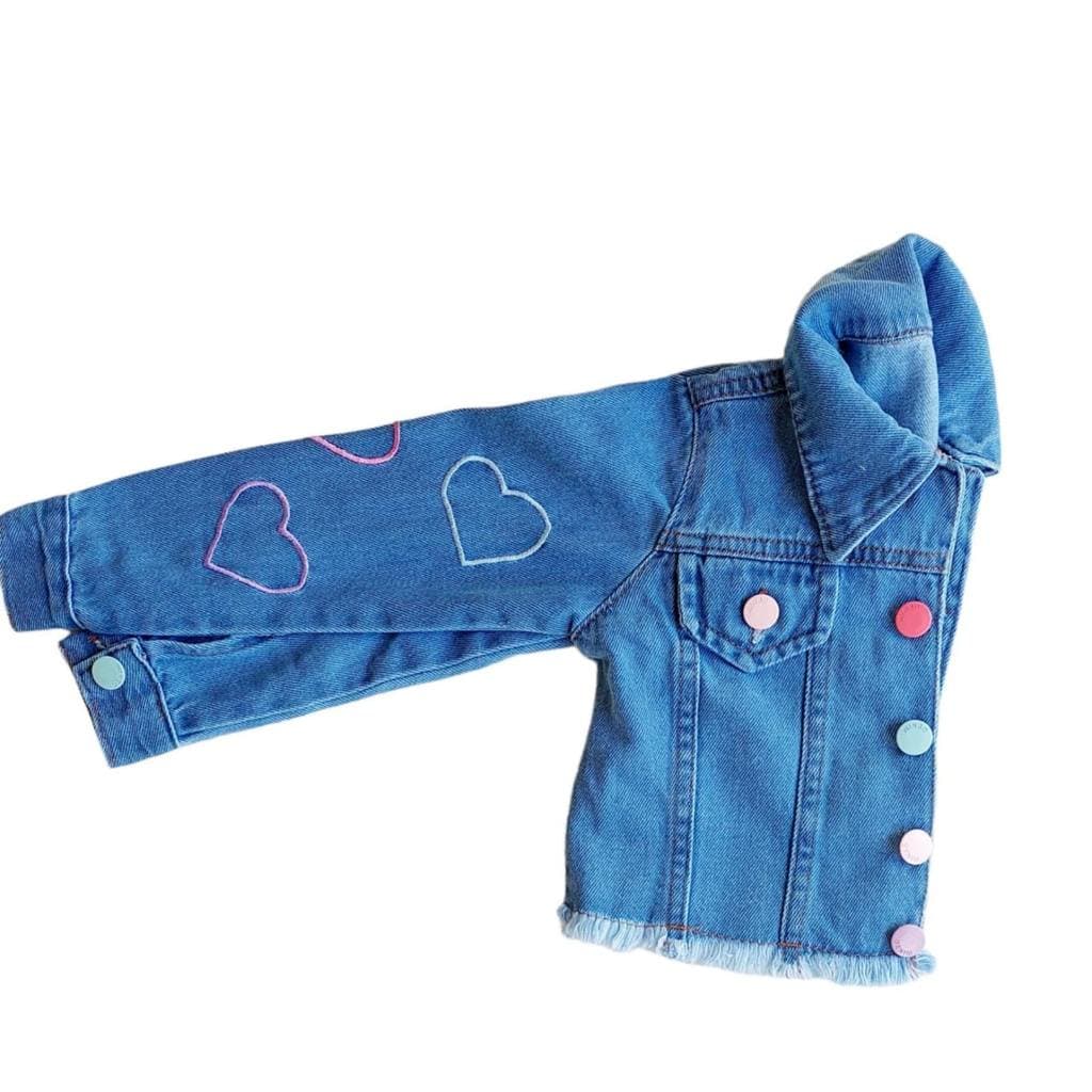 Jaqueta jeans azul blogueirinha infantil menina criança coração fechamento