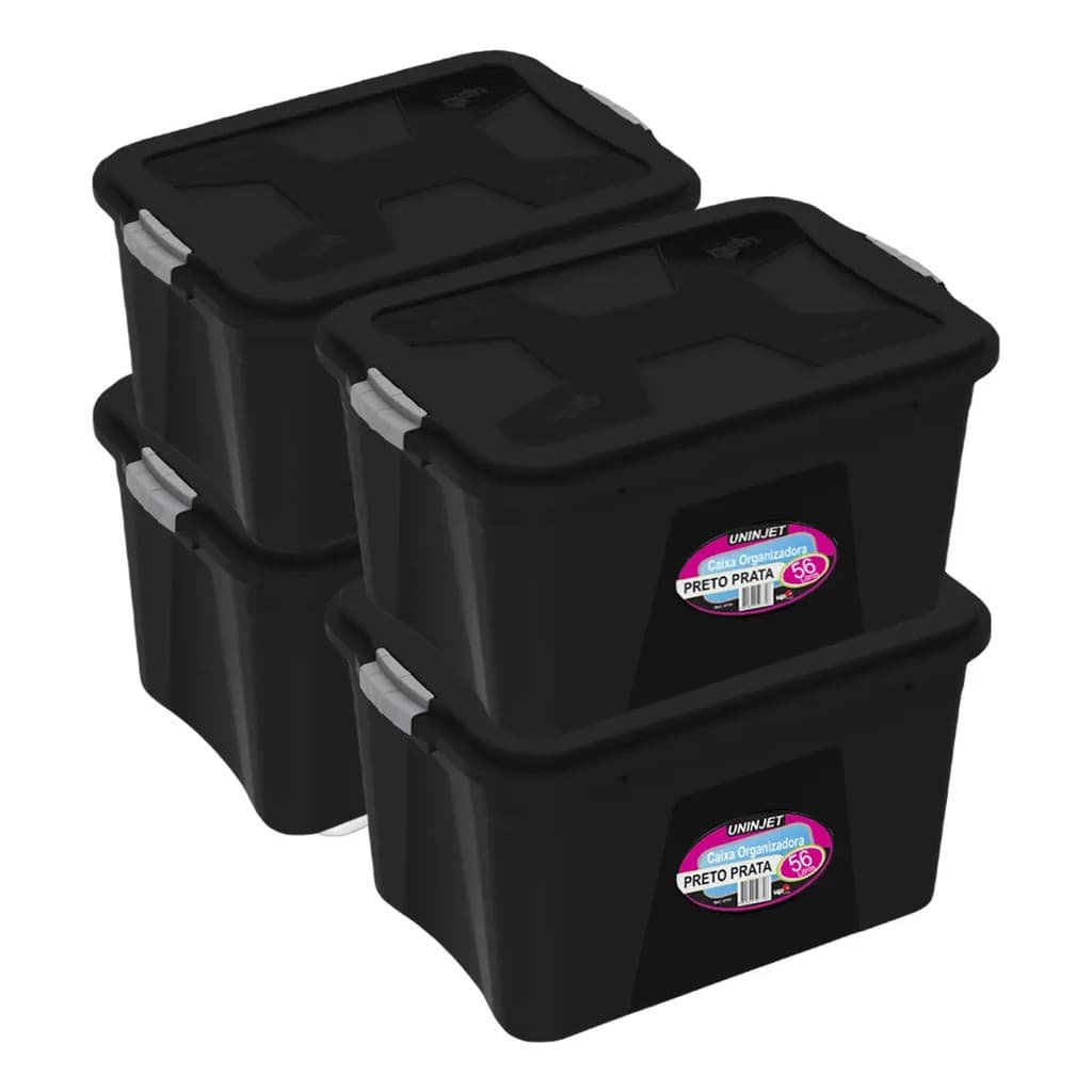 Kit 4 Caixa Organizadora Multiuso Plástica 50 Litros Preta Cor Preto