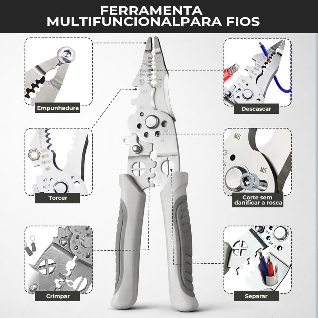 Alicate Multifuncional 28 em 1 Universal Profissional | Ferramenta para Eletricistas Descascador Crimpador Cortador