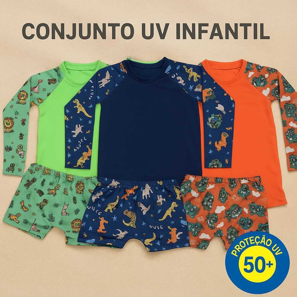 Conjunto Infantil Menino Camisa UV Manga Longa + Sunga Boxer para Praia/Piscina/Praia