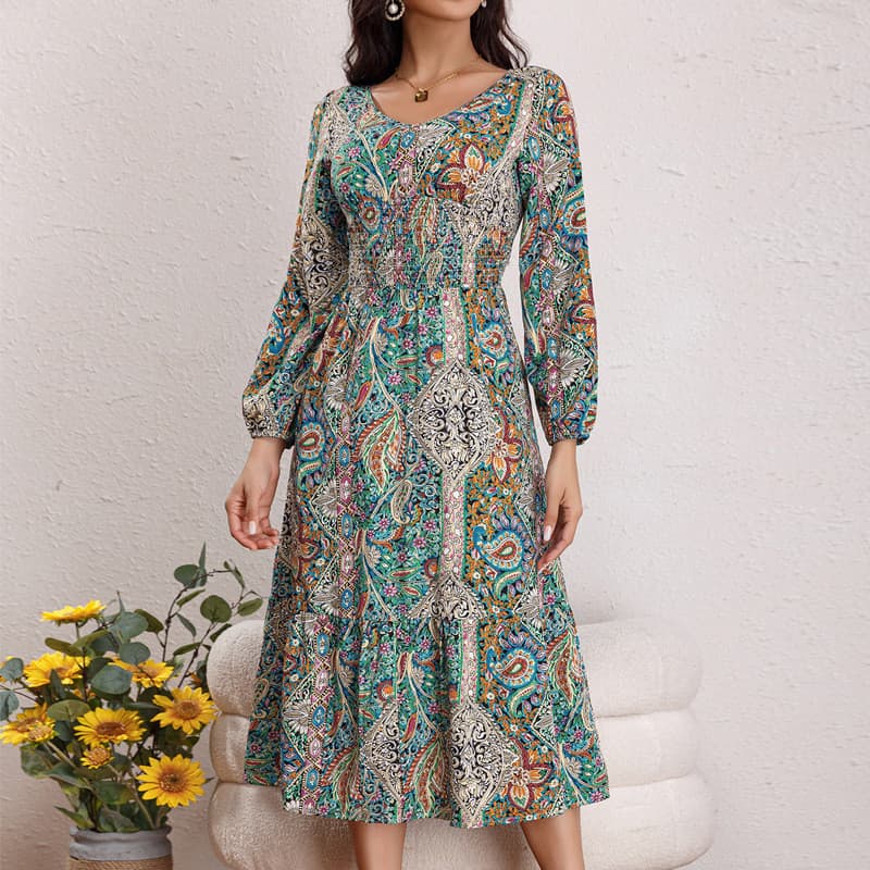 High-End 2024 novo estilo primavera outono Retro Floral senhoras vestido moda lanterna mangas