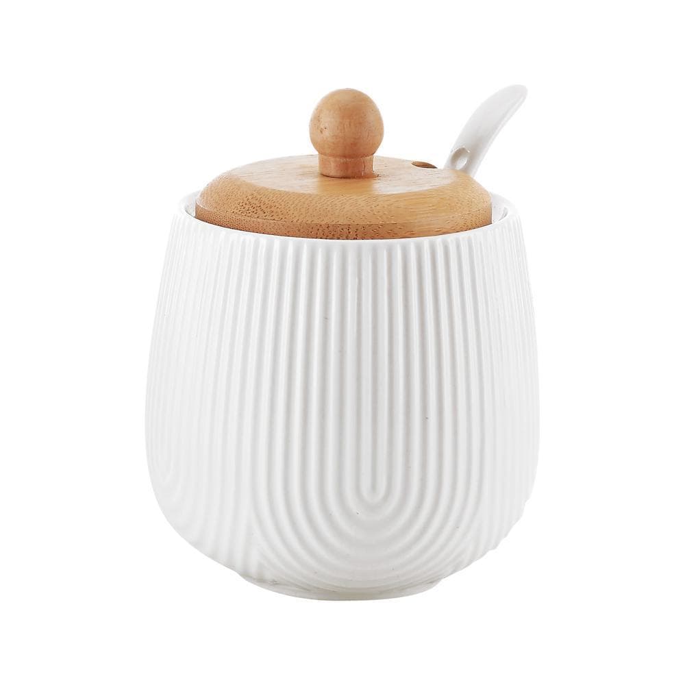 Açucareiro Cerâmica Com Colher E Tampa De Bambu Oasis Branco (ENVIO IMEDIATO)