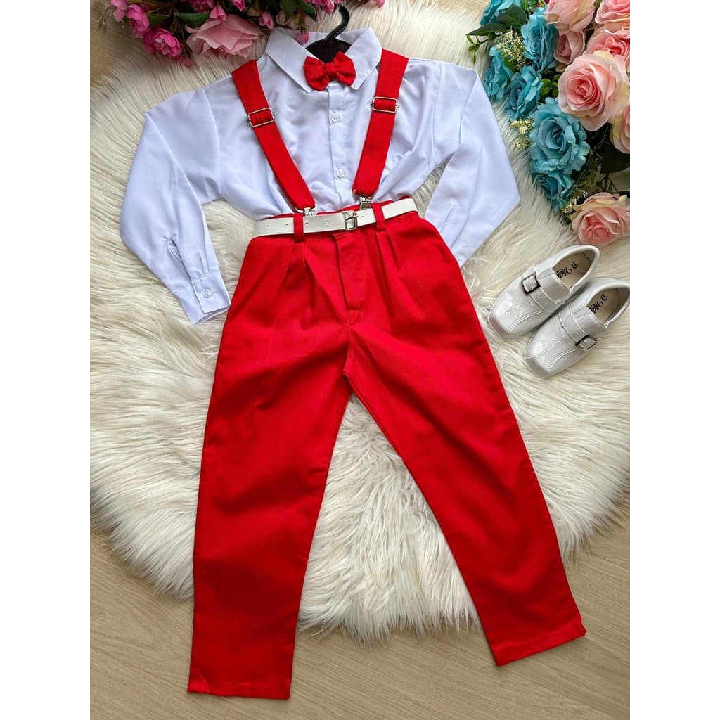 Conjunto Meninos Miss Cherry Leo Suspensorio Vermelho