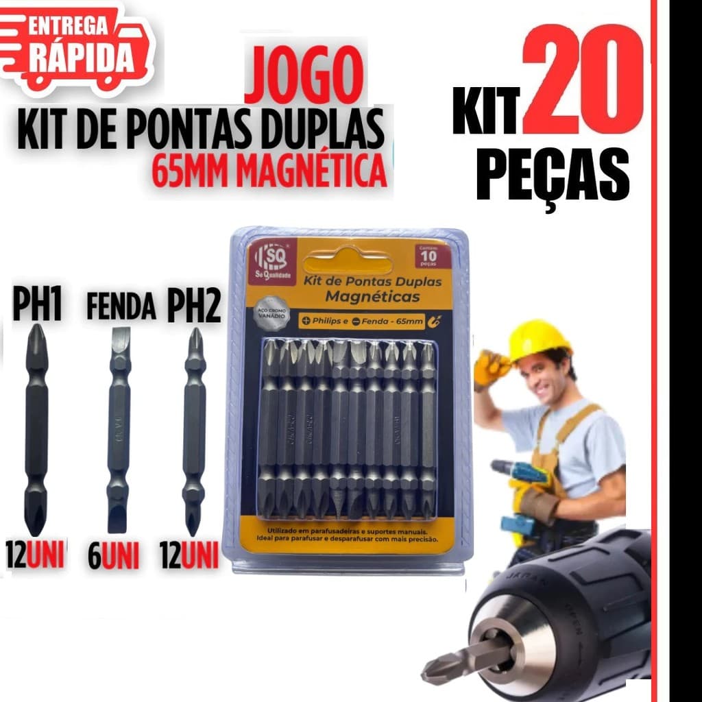 Kit 20 Ponteiras Pontas Duplas Magnéticas Fenda e Philips 65mm.