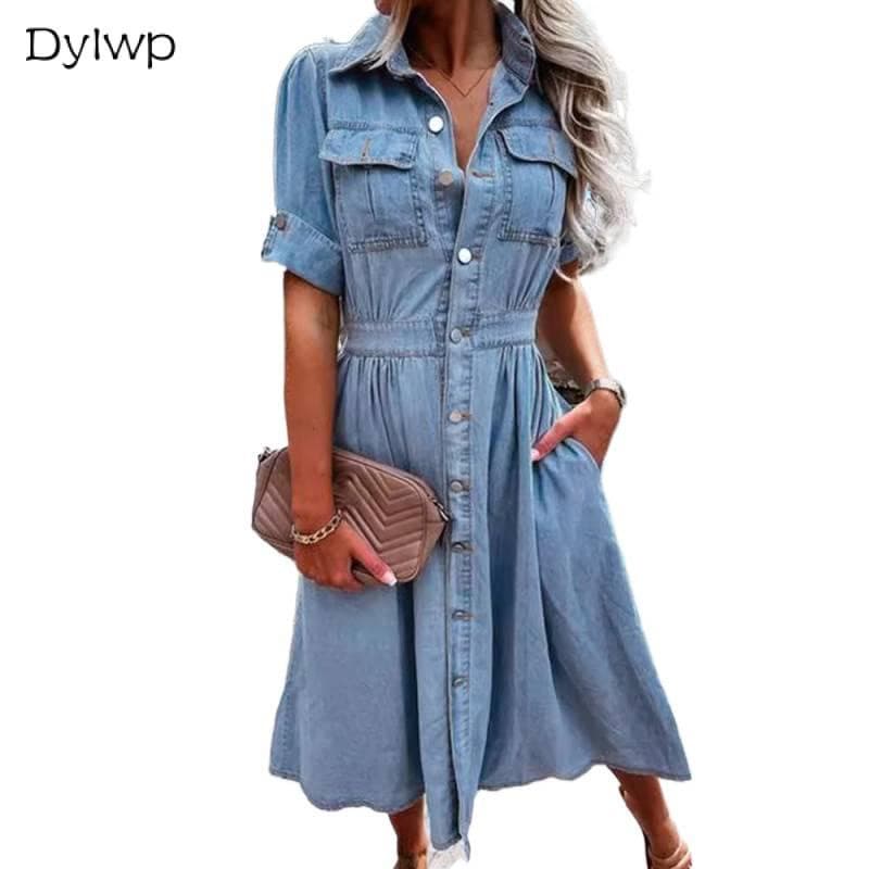 Vestido Jeans Longo Feminino Primavera Verão Vestidos De Lapela De Manga Curta