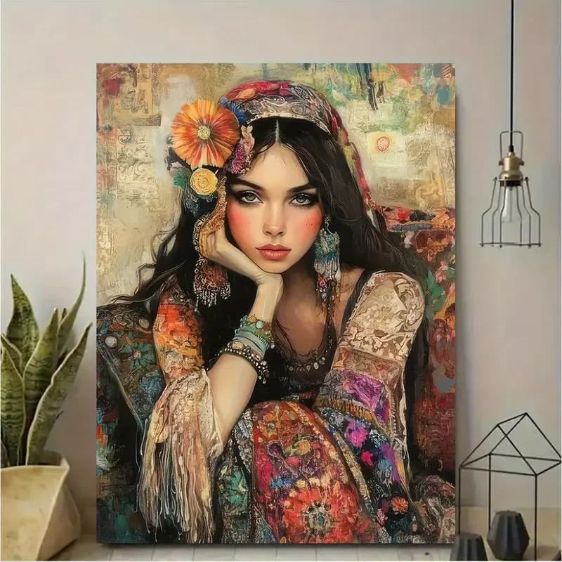 Quadro Decorativo Retrato Mulher Cigana Hippie Boho Étnico Colorido