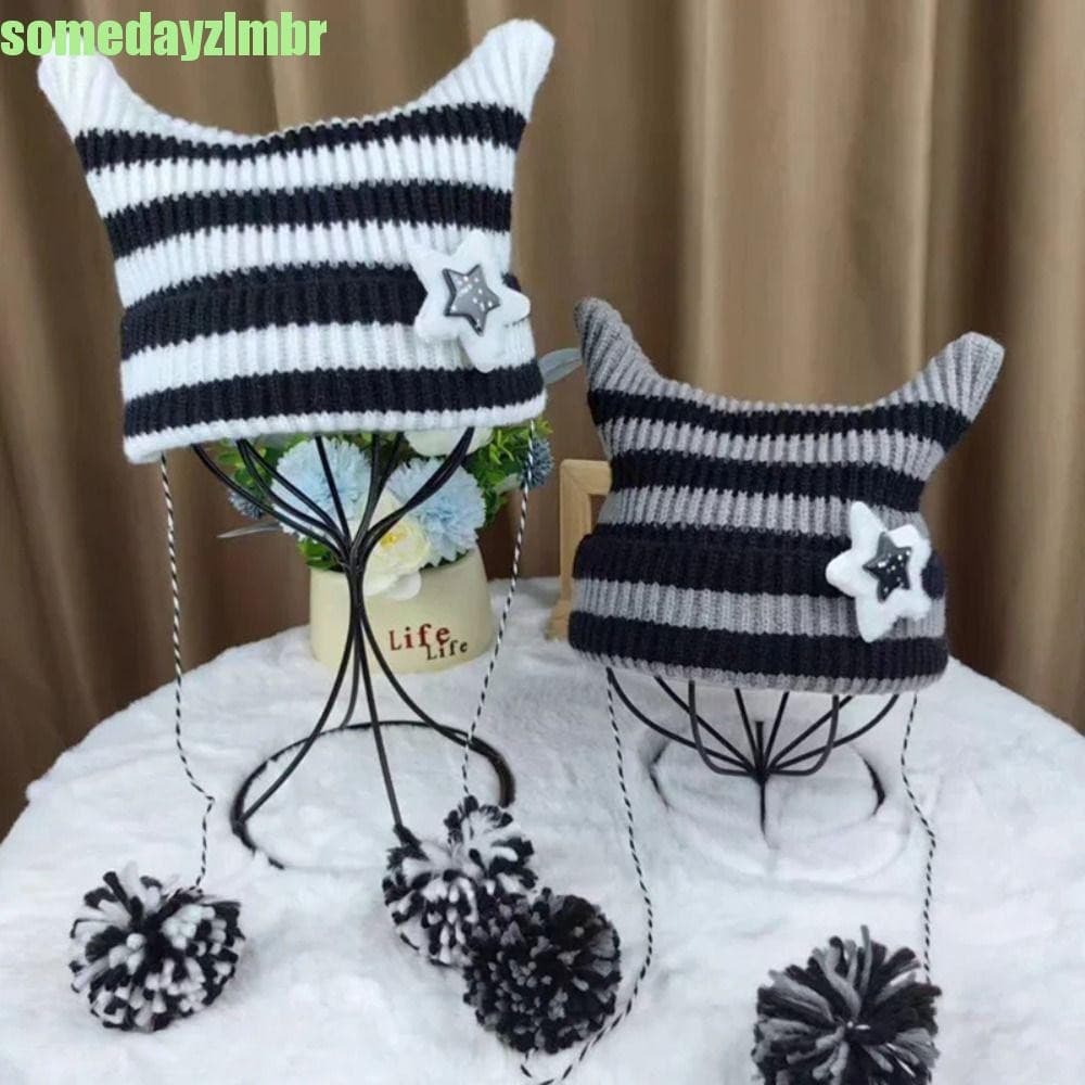 SOMEDAYZL0M Gorro De Malha Estrela , Chapéu Pulôver Listrado Y2K De Lã Para Proteção De Ouvido Skullies Orelha De Gato