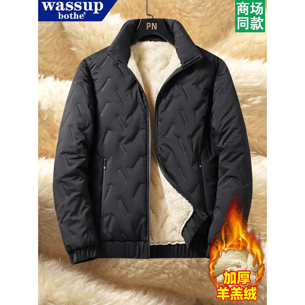 WASSUP Jaqueta masculina acolchoada de lã de cordeiro, forro de lã de inverno, jaqueta acolchoada grossa, gola alta, jaq