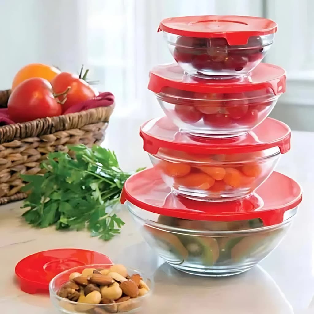Conjunto 5 Potes Vidro Conserva Alimentos Marmita Recipiente Condimentos Frutas Tampa Segura