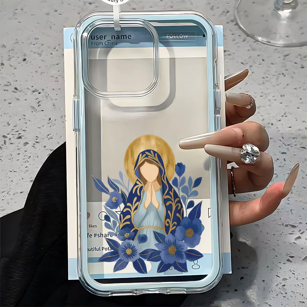 Capa 3 Em 1 Ins Capinha Para IPhone 13 11 12 14 15 16 17 Air Pro Max Normal Acrílico Transparente Nossa Senhora