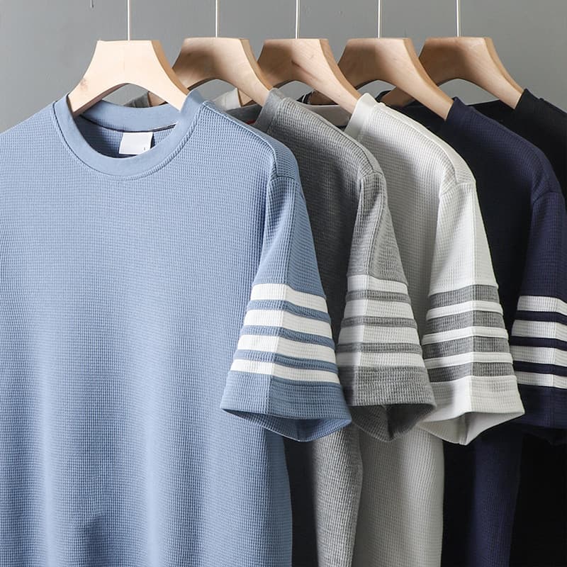 Waffle camiseta de manga curta masculina verão solto topo Casual cor sólida esportes camisa masculina Street Wear ins