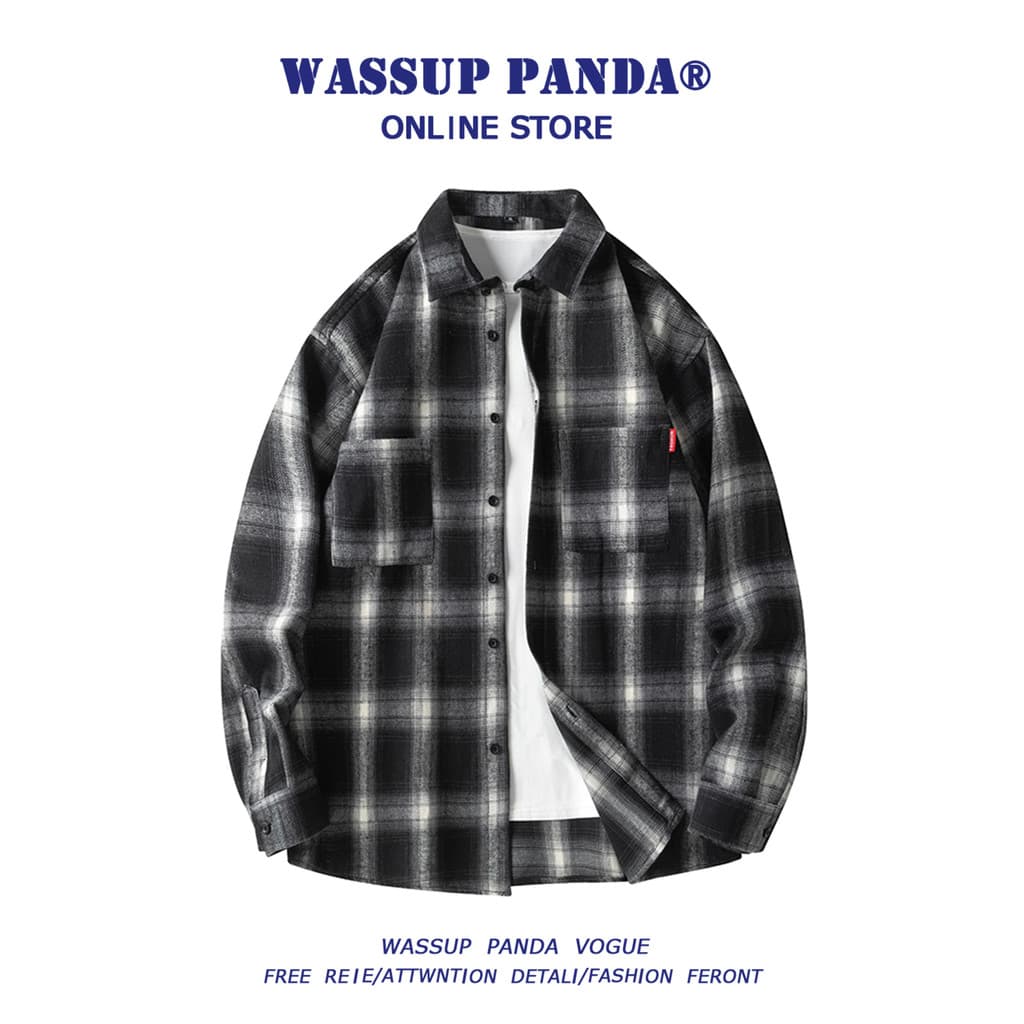 WASSUP PANDA Japonês Retro Escovado Camisa Xadrez Masculina Manga Longa Primavera Outono Street Wear Camisa Casual Jaque