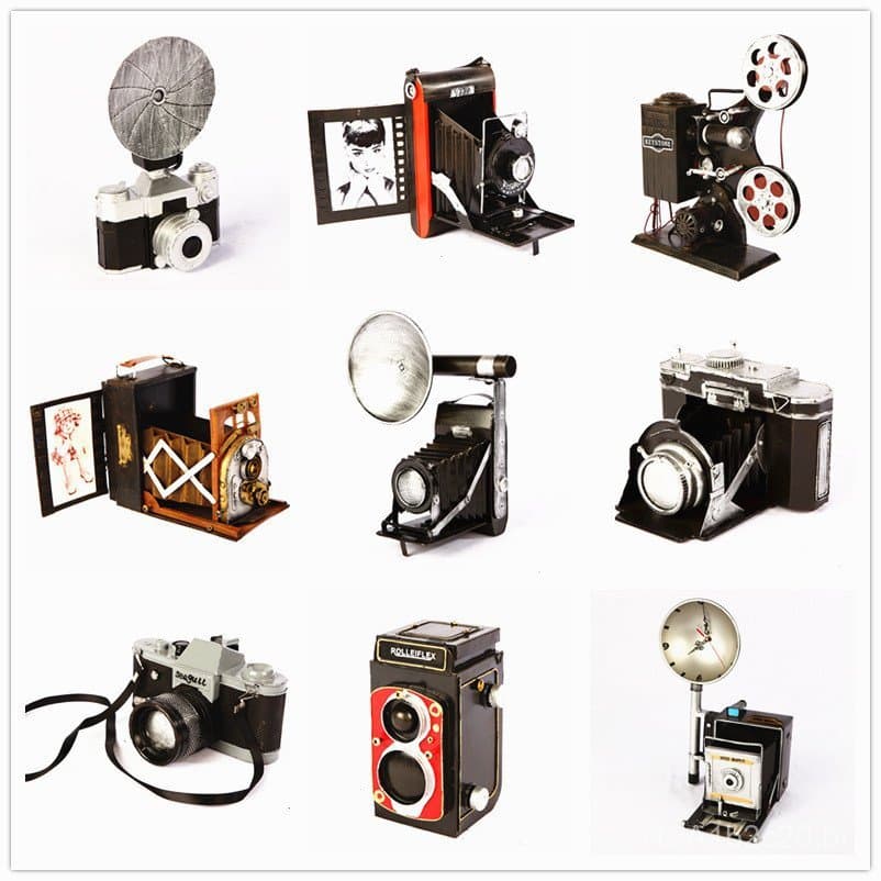 Câmera vintage, modelo de câmera de lata, acessórios para fotografia, decorações para casa, modelo de projetor antigo, v