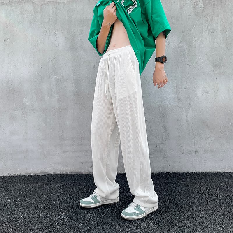 Drape calças de seda gelo homens verão estilo fino Street Wear ins All-Match perna larga solta em linha reta esportes ca