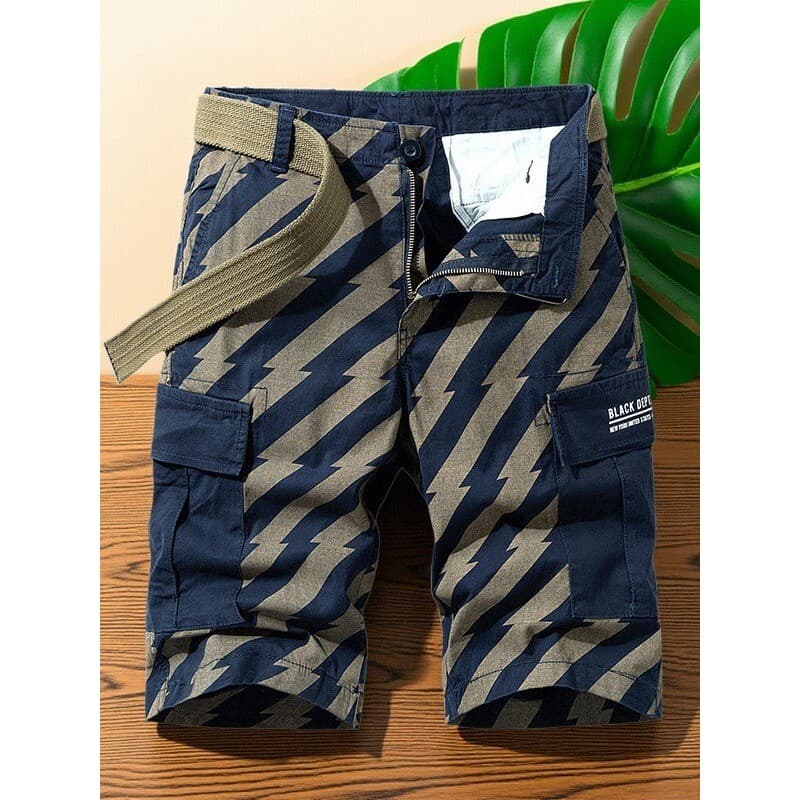 Verão novo estilo macacão de cinco pontos Shorts masculino Multi-bolso listras tamanho grande respirável solto Casual em