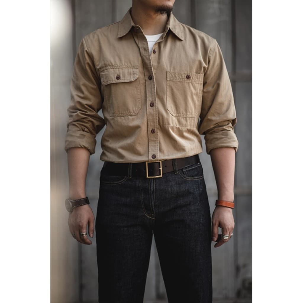 Camisa de trabalho americana masculina Retro manga comprida primavera outono engenheiro solto Casual simples Ami cáqui j