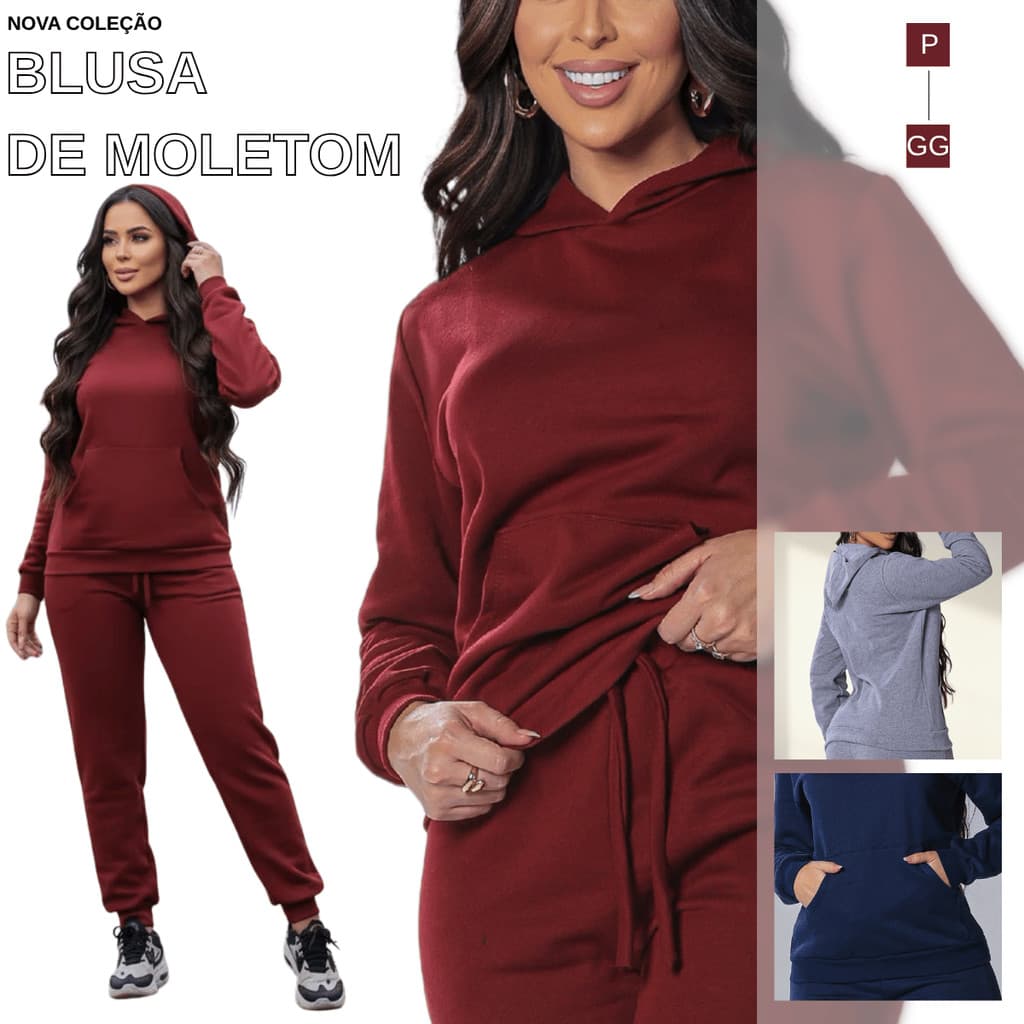 Blusa Moletom Feminino Canguru Capuz Frio Inverno Casaco Conjunto Premium