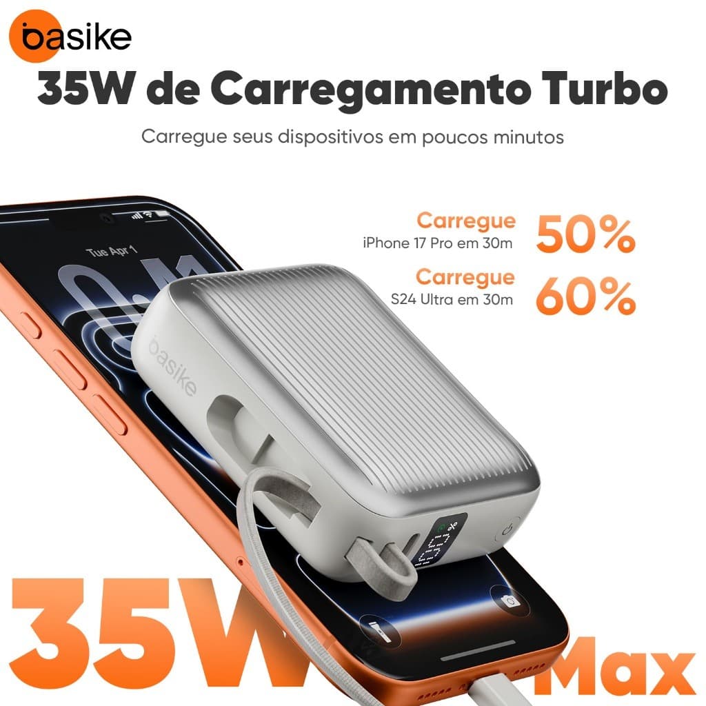 Basike Power Bank10000mAh 35W Carregamento Rápido Display Digital 2 Saídas com Cabo Tipo C Embutido