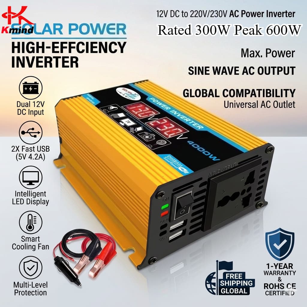 Inversor De Potência Para Carro 12V A 110v/220V Avaliado 300W Pico 600W