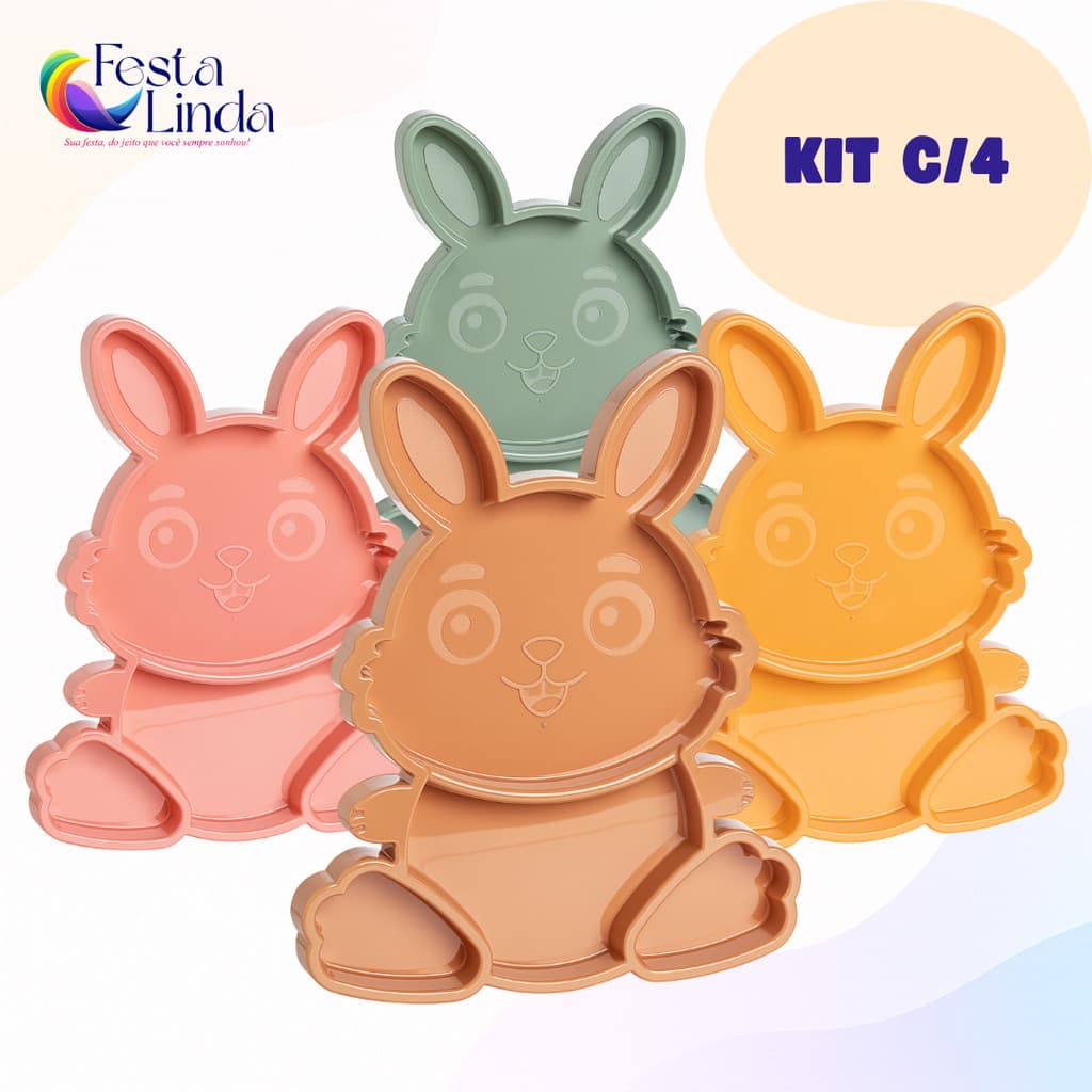 Kit 4 Bandejas Petisqueira Coelho Festplastik Diversas Cores
