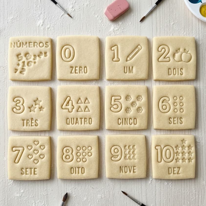 Números 0 a 10 Kit 12 Cortadores Carimbo Biscoito para Pasta Americana Confeitaria Escolar Massinha Cookies Professor