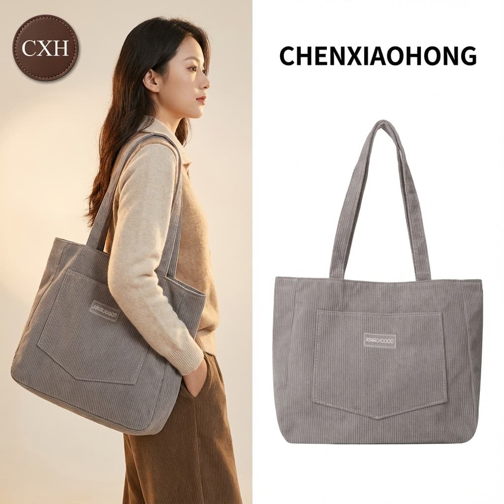 CHENXIAOHONG  Bolsa de ombro feminina em veludo cotelê, estilo vintage, grande capacidade, ideal para compras.