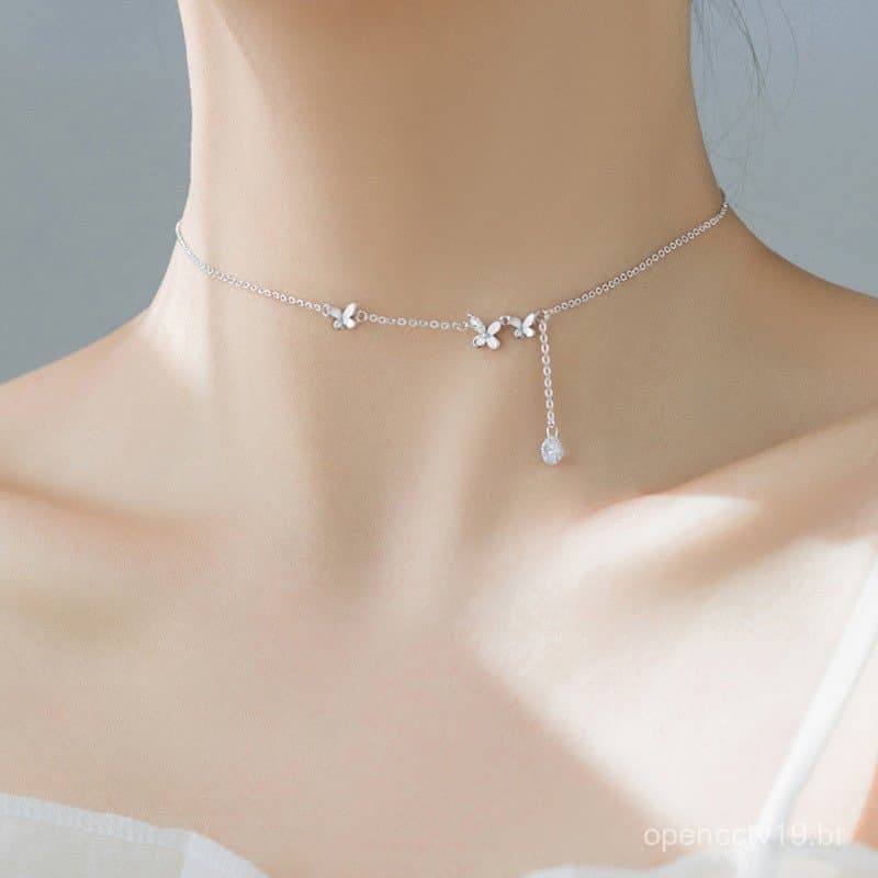 Colar Choker de Flor com Diamantes Gumao Ning Super Fairy para Mulheres, Colar de Clavícula com Borboleta Retrátil e Fra